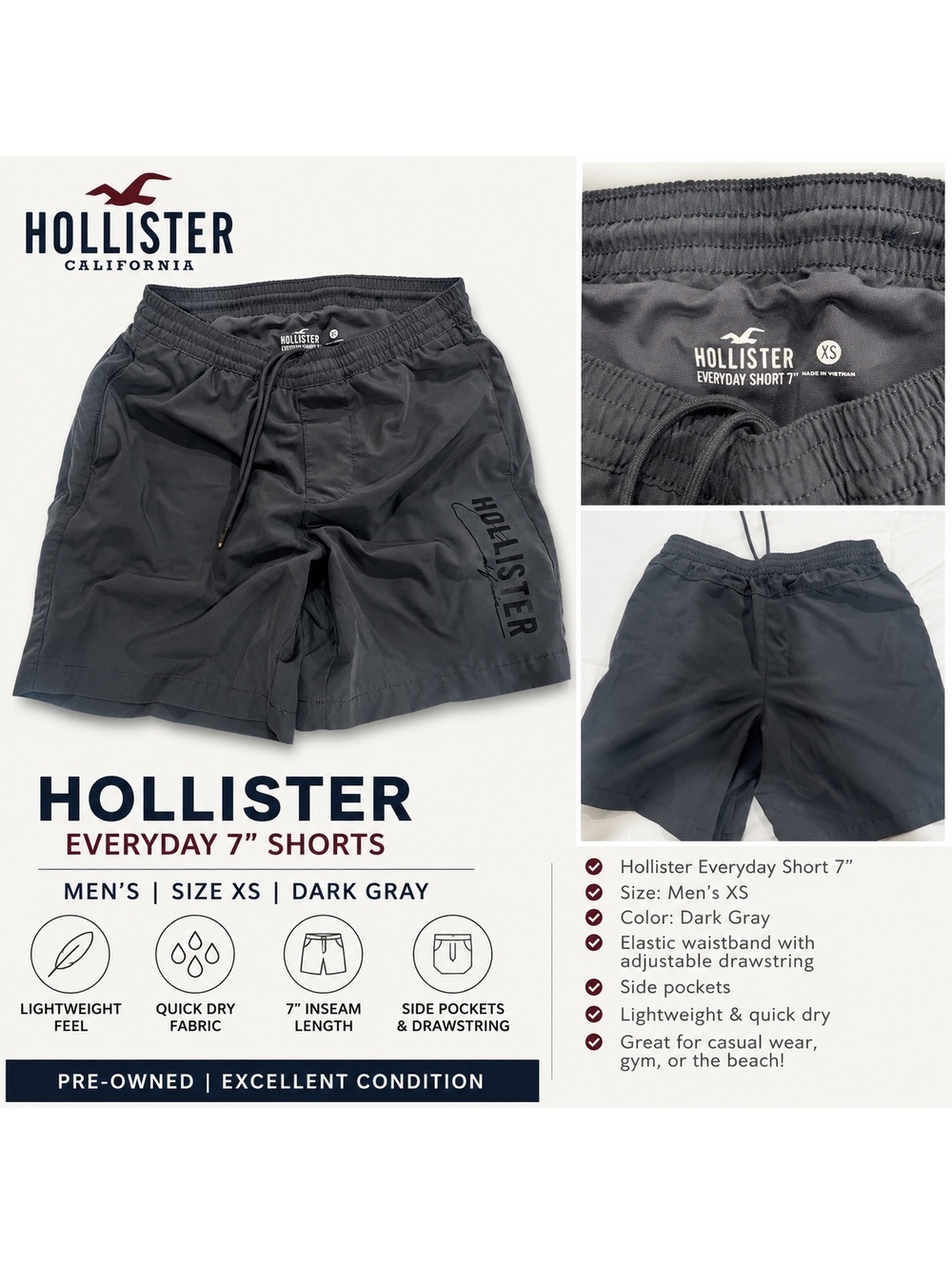 Hollister Men’s Everyday 7” Shorts XS Gray Drawstring Logo Casual Athletic